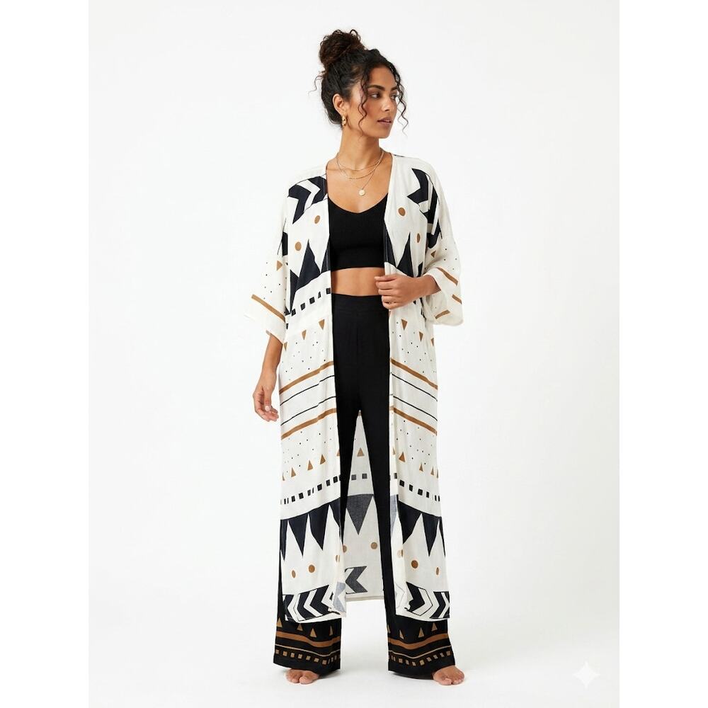 Sakkas Maxi Kimono Duster Cardigan Geometric Lightweight Summer ONE SIZE